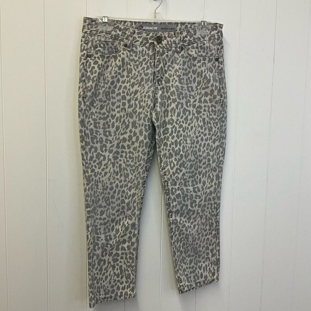 Jordache Womens 4 Skinny Crop Pants Tan Black Leopard Print Pockets Stretch